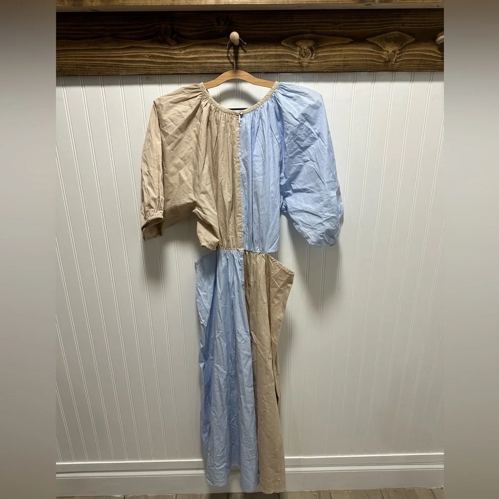 Mud Pie Hutton Two-Tone Cut Out Midi Dress in Blue and Tan Sz L NWT - Picture 6 of 12